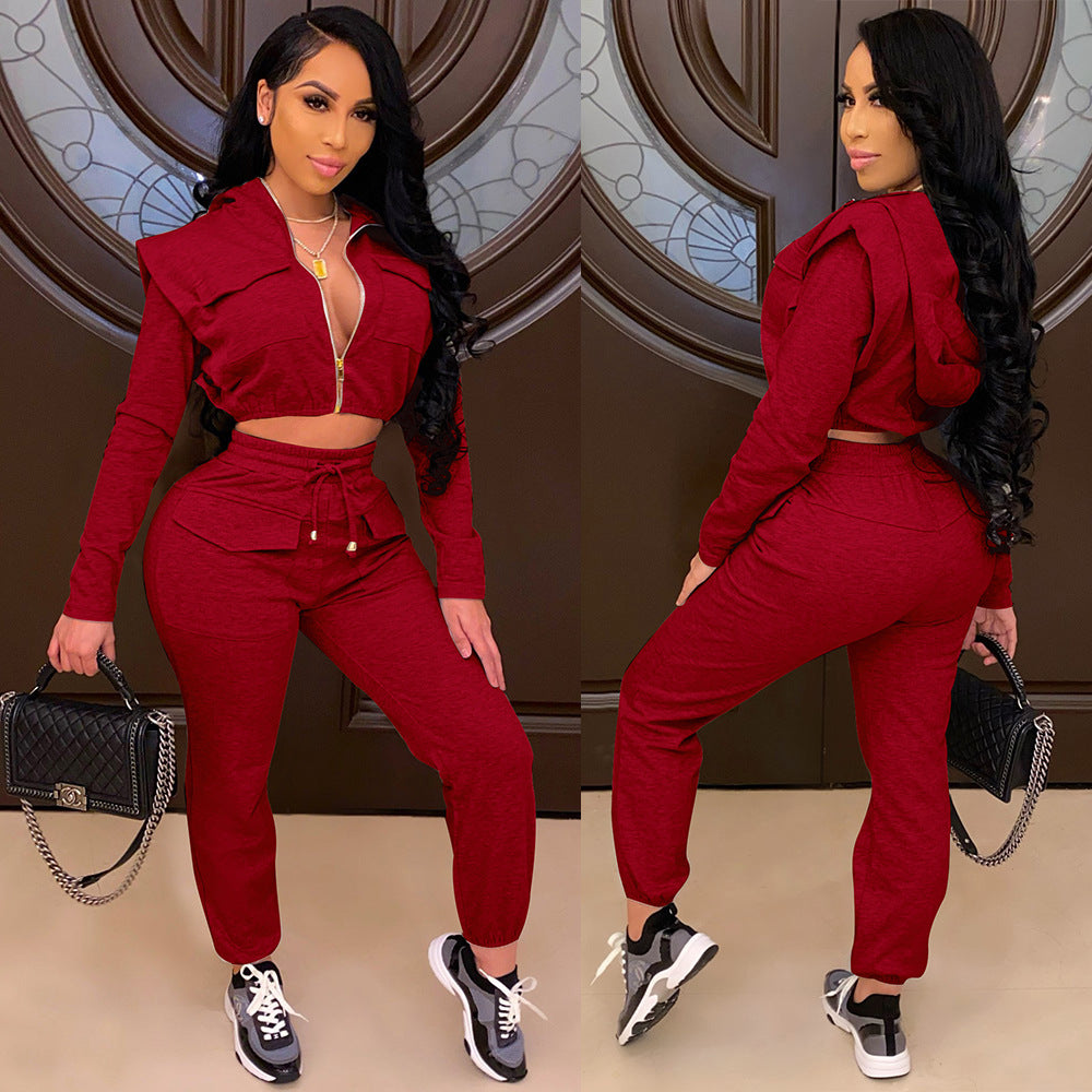 Women Sexy Zip with Cap Long Sleeve Top + Trousers Two-piece Set 8