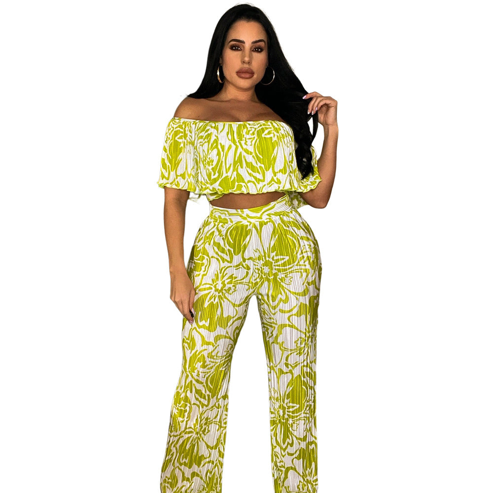 Women's Off Shoulder Wrap Crop Slim Waist Pants Two-Piece Set 9