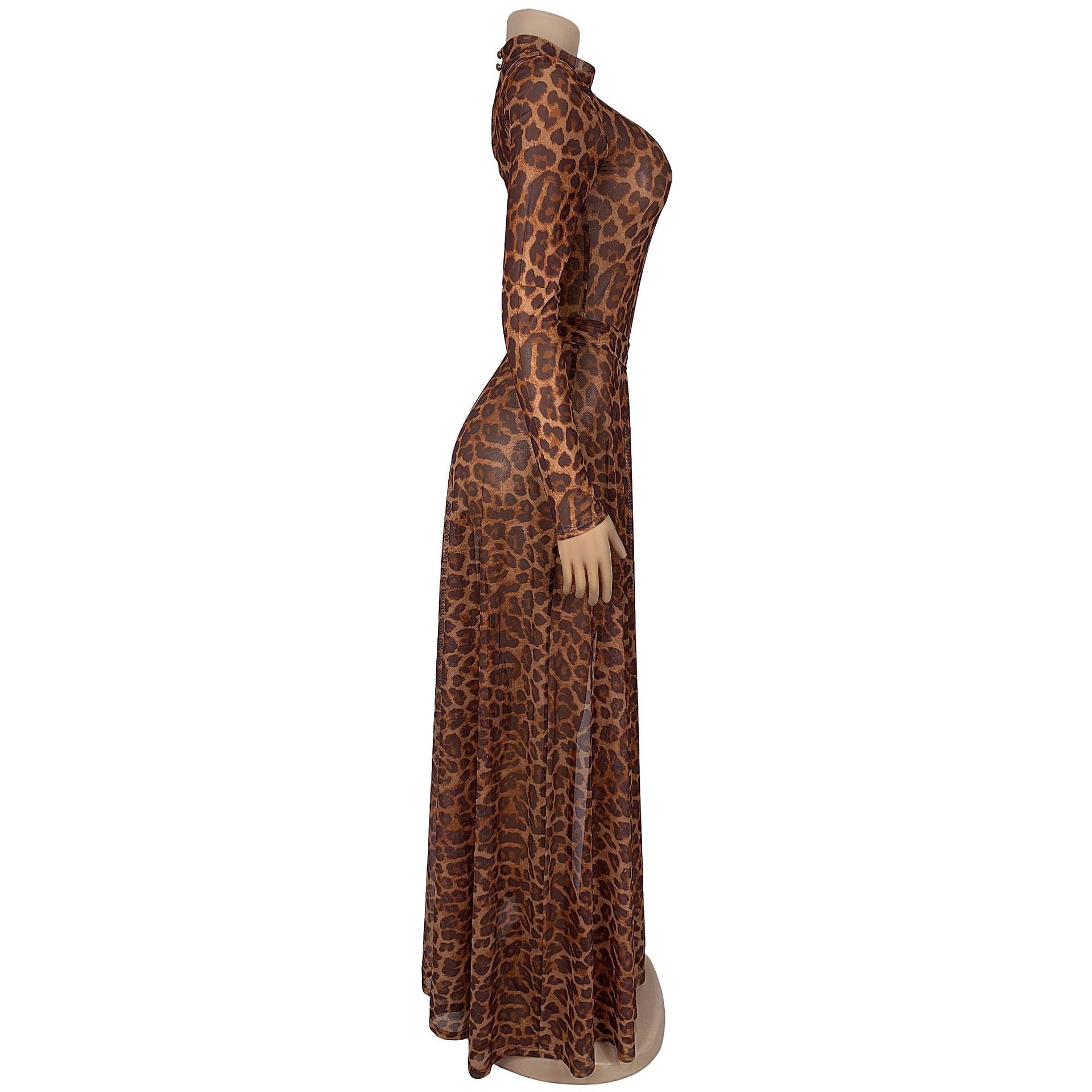 Women Sexy Leopard Print Long Sleeve Slit Dress 5