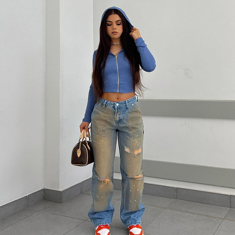 Women American Retro Gradient High Waist Ripped Splash Straight Denim Pants 3
