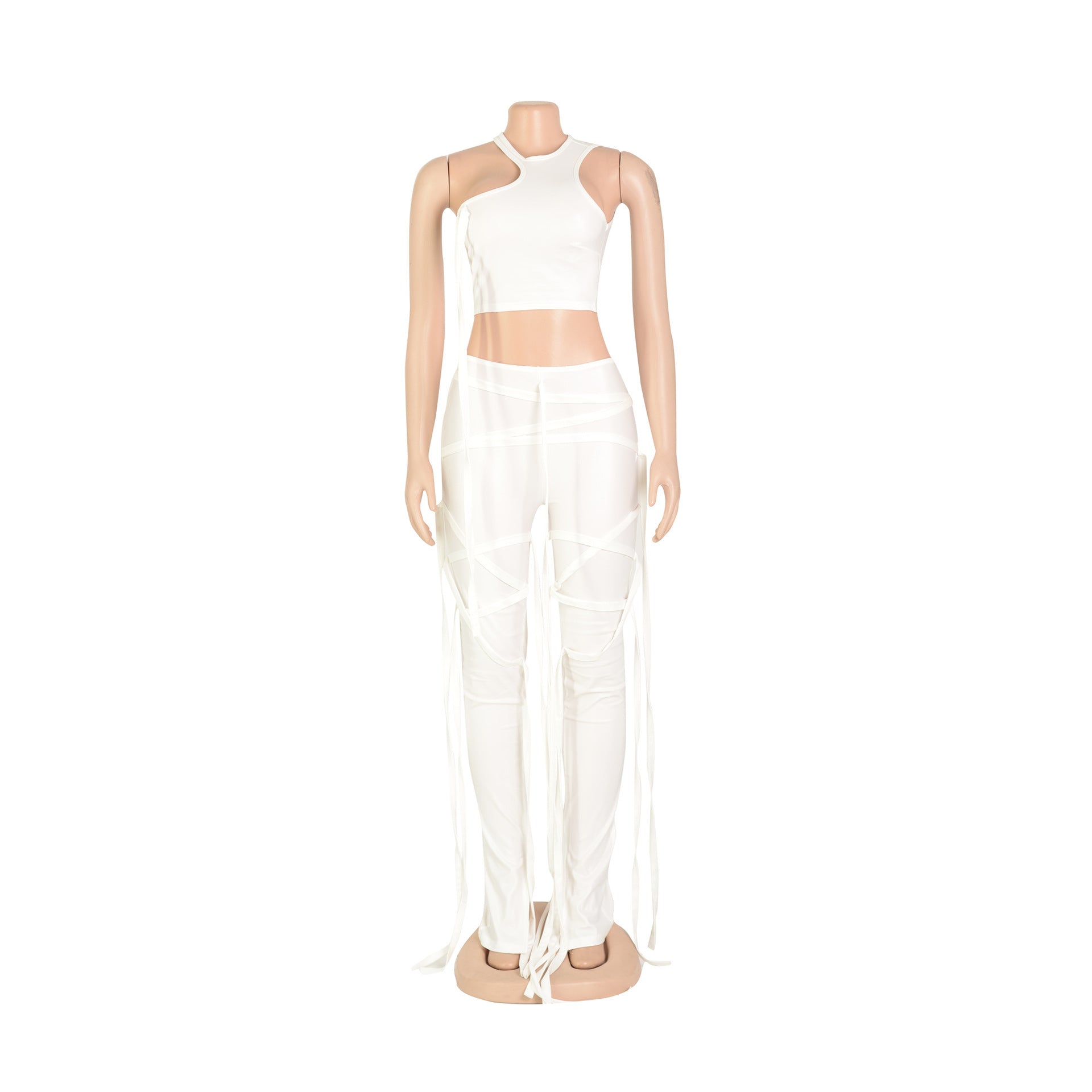 Women's Sexy Faux Leather Tank Top Lace-Up Pants Two Piece Nightclub Set 28