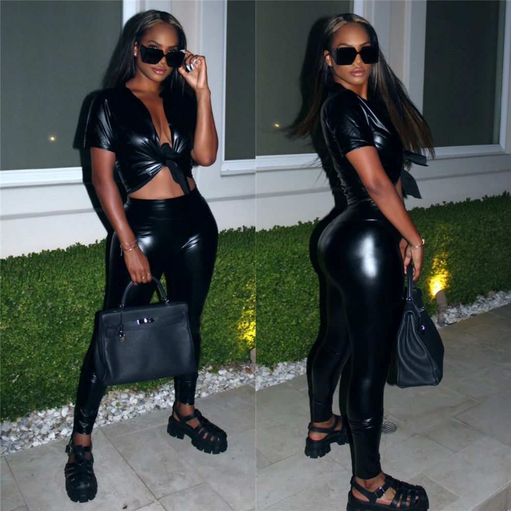 Women Sexy Pu Leather Short Sleeve Top and Pant Two-Piece Set