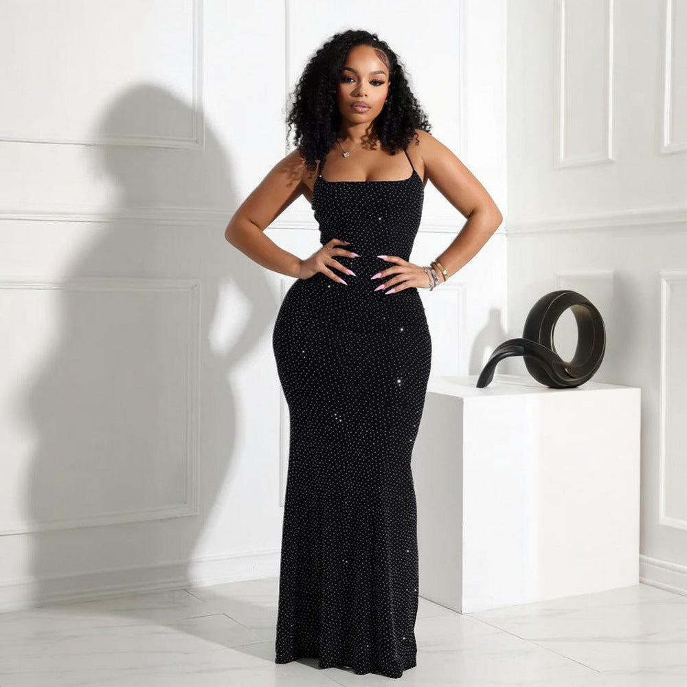 Women Sexy Suspender Beaded Mesh Bodycon Maxi Dress