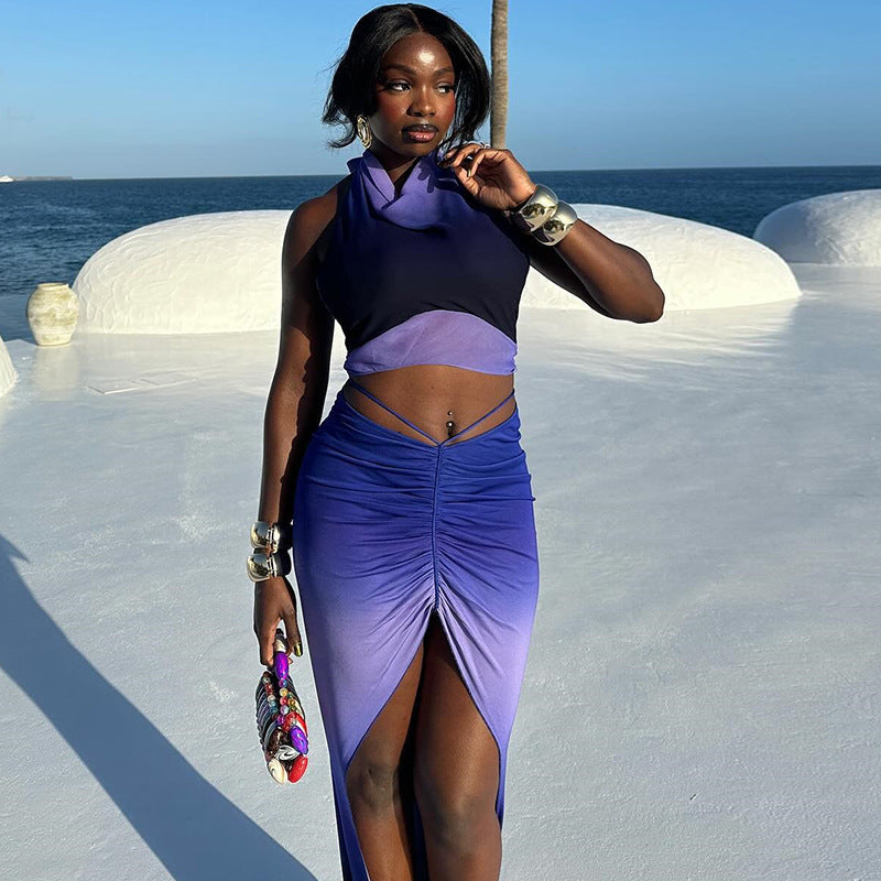 Women's Fashion Printed Sexy Sleeveless Low Back Vest Split Skirt Two-Piece Set 4