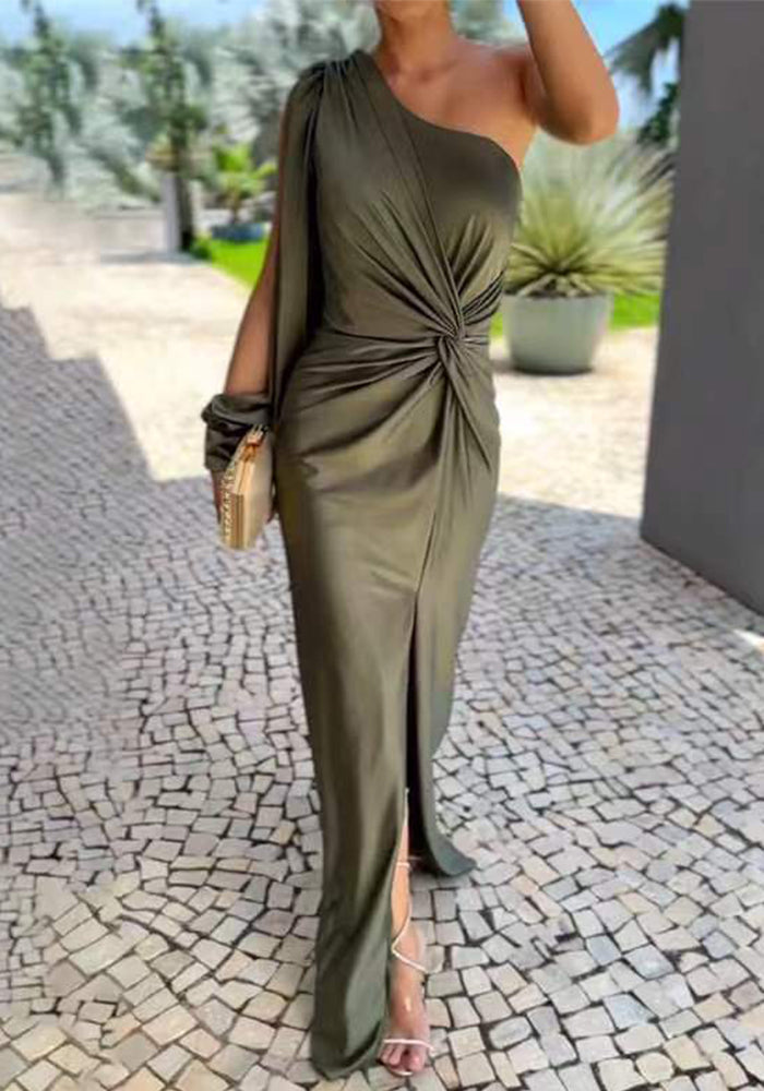 Summer Slash Shoulder Slit Solid Color Slim Long Dress