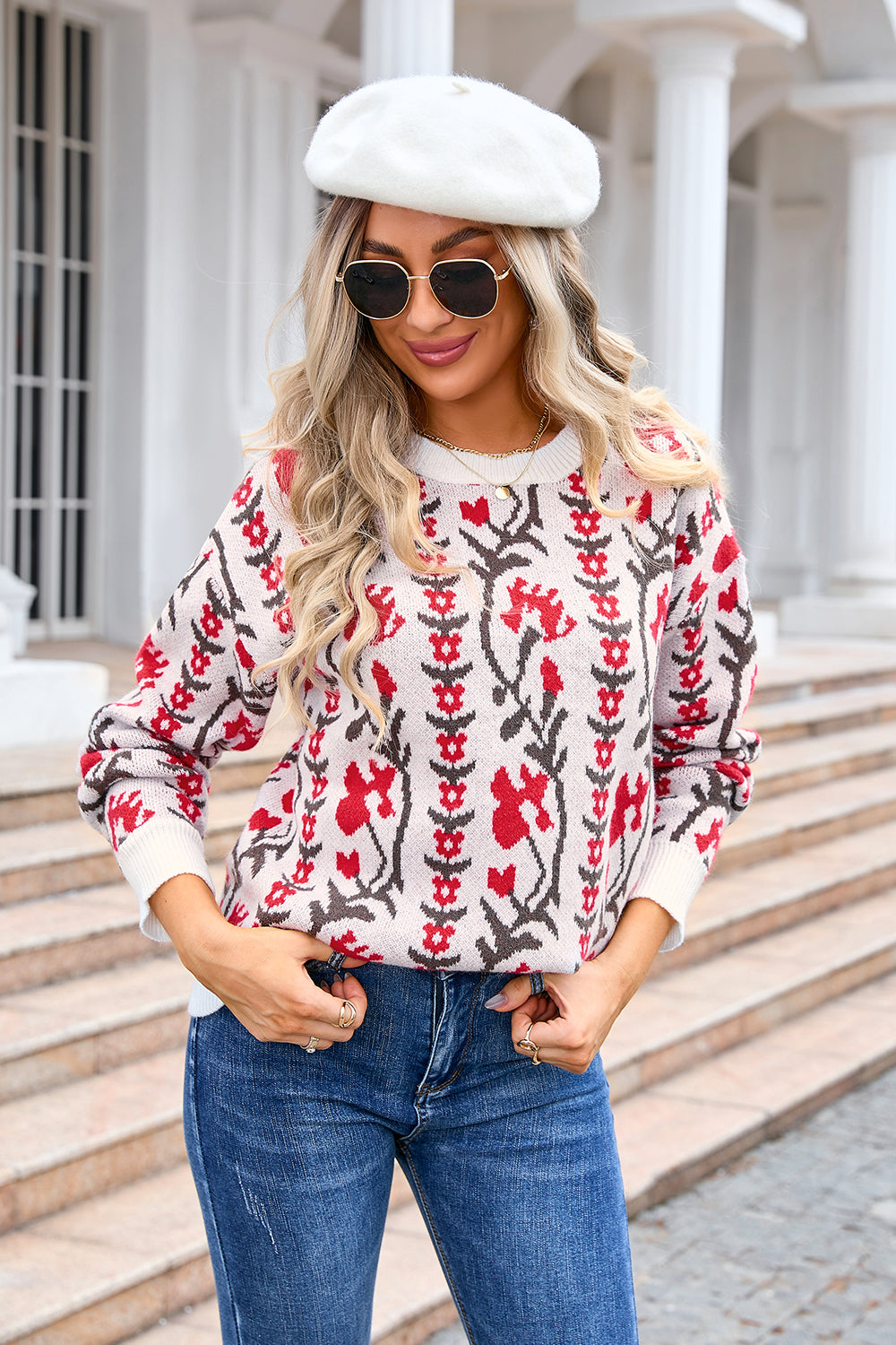 Women Jacquard Branch Round Neck Floral Sweater 28