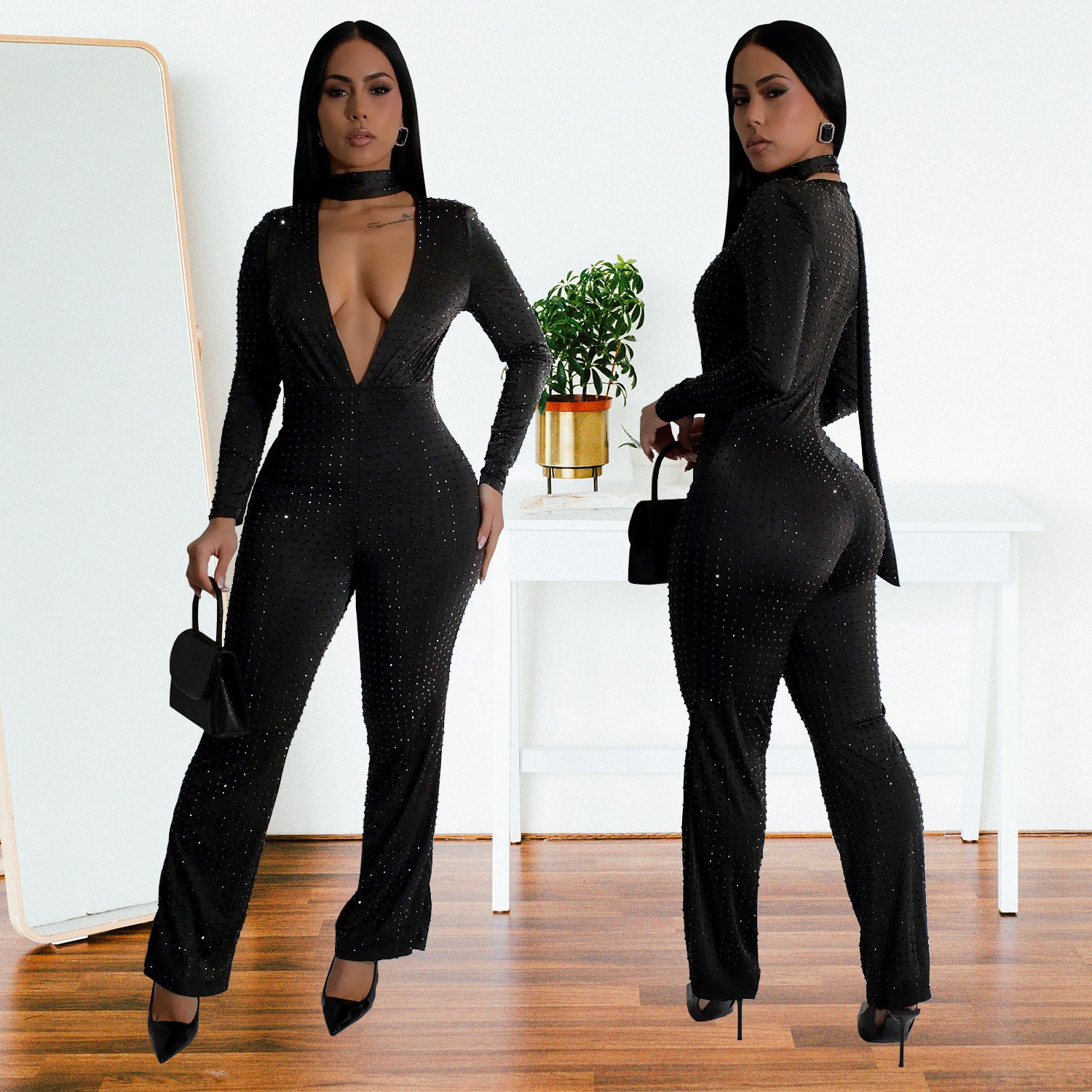 Women Sexy V-neck Long Sleeve Beaded Jumpsuit 3