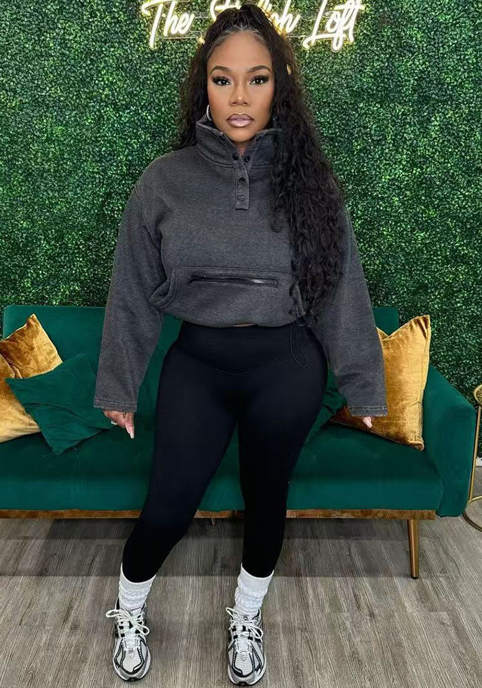 Women washed long-sleeved zipper pocket top and Pants Two Piece Set