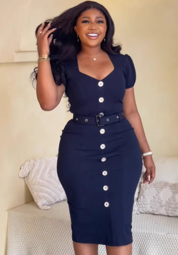 Square Neck Slim Waist Back Slit Bodycon Dress