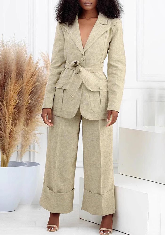 Women casual belt suit and Pants Two Piece Set