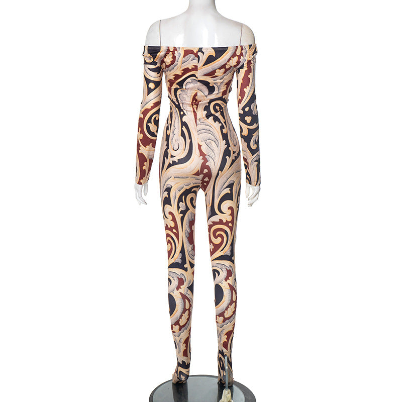 Women summer/fall multi-color print off-shoulder long-sleeved covered jumpsuit 7