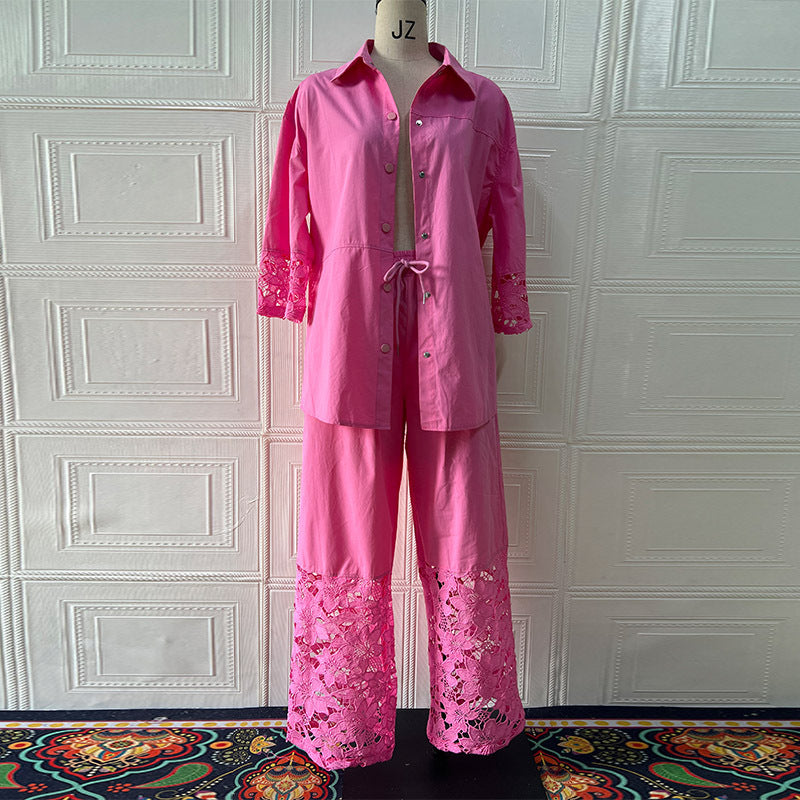 Women Spring Long-Sleeved Shirt and Patchwork Lace Pant Two-Piece Set 4