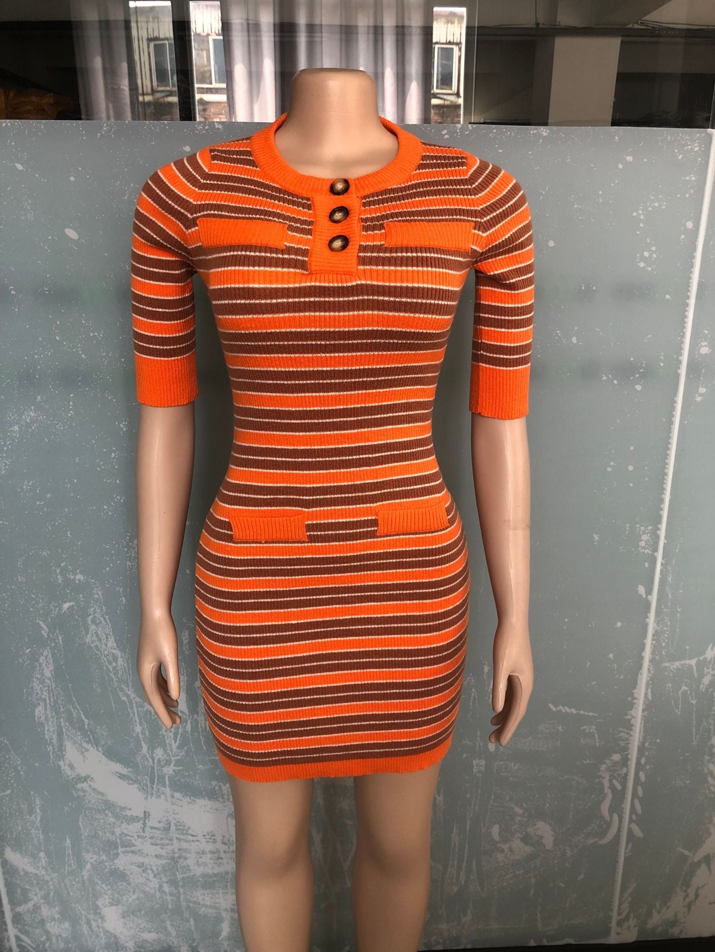 Women Round Neck Striped Knitting Short Sleeve Dress 12