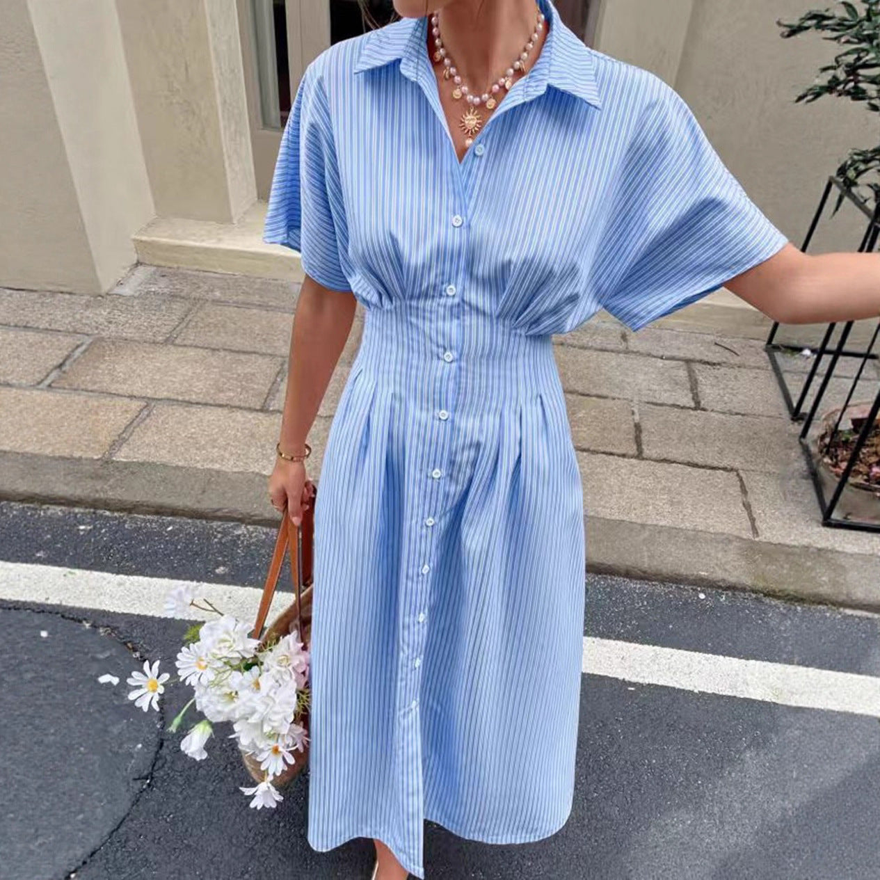 Women Striped Blue Short-Sleeved Shirt Dress