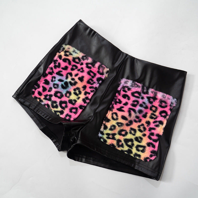 Women autumn Casual leopard plush Patchwork Pu-Leather Top and shorts Two Piece Set 6