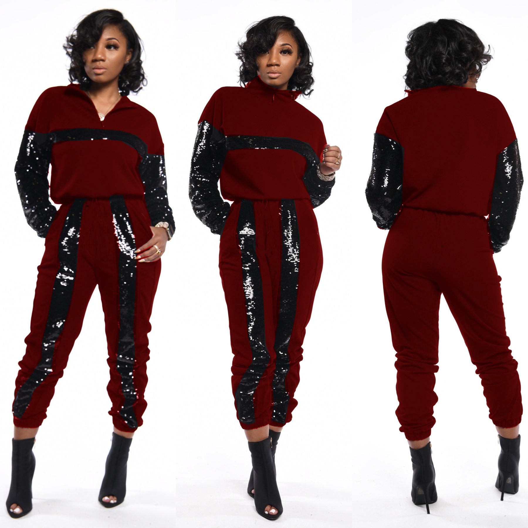 Women Sequin Colorblock Long Sleeve Top and Pant Two Piece Set 3