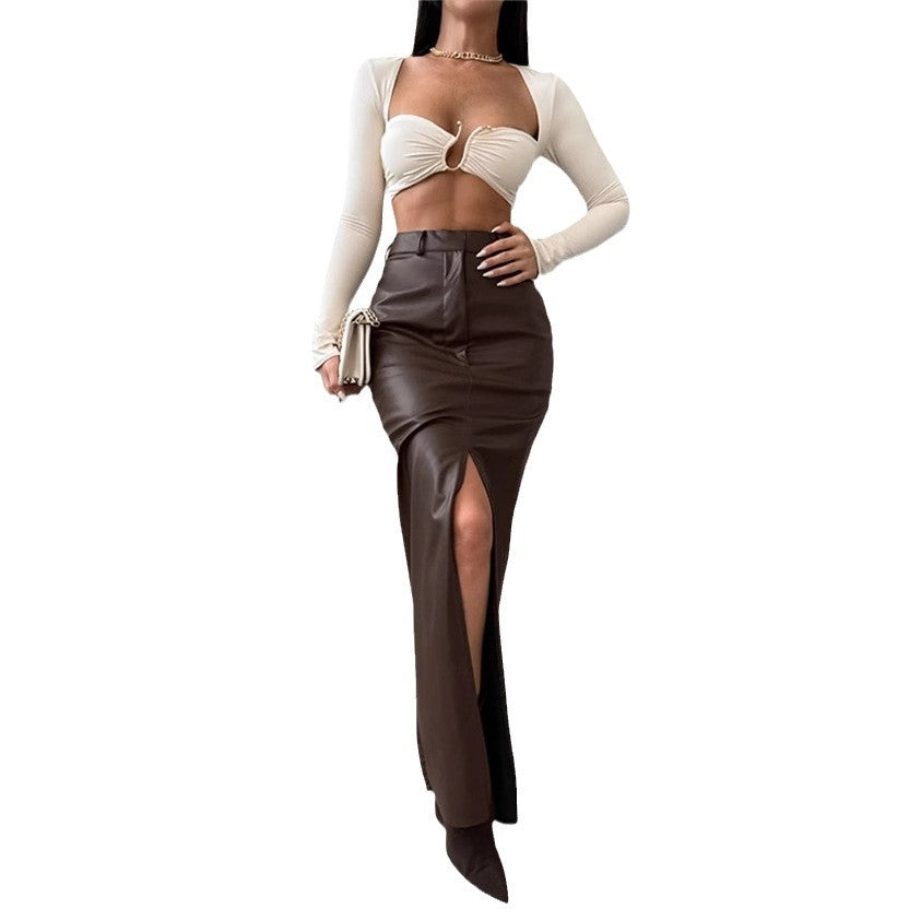 Women Slit Solid Pu-Leather Skirt 9