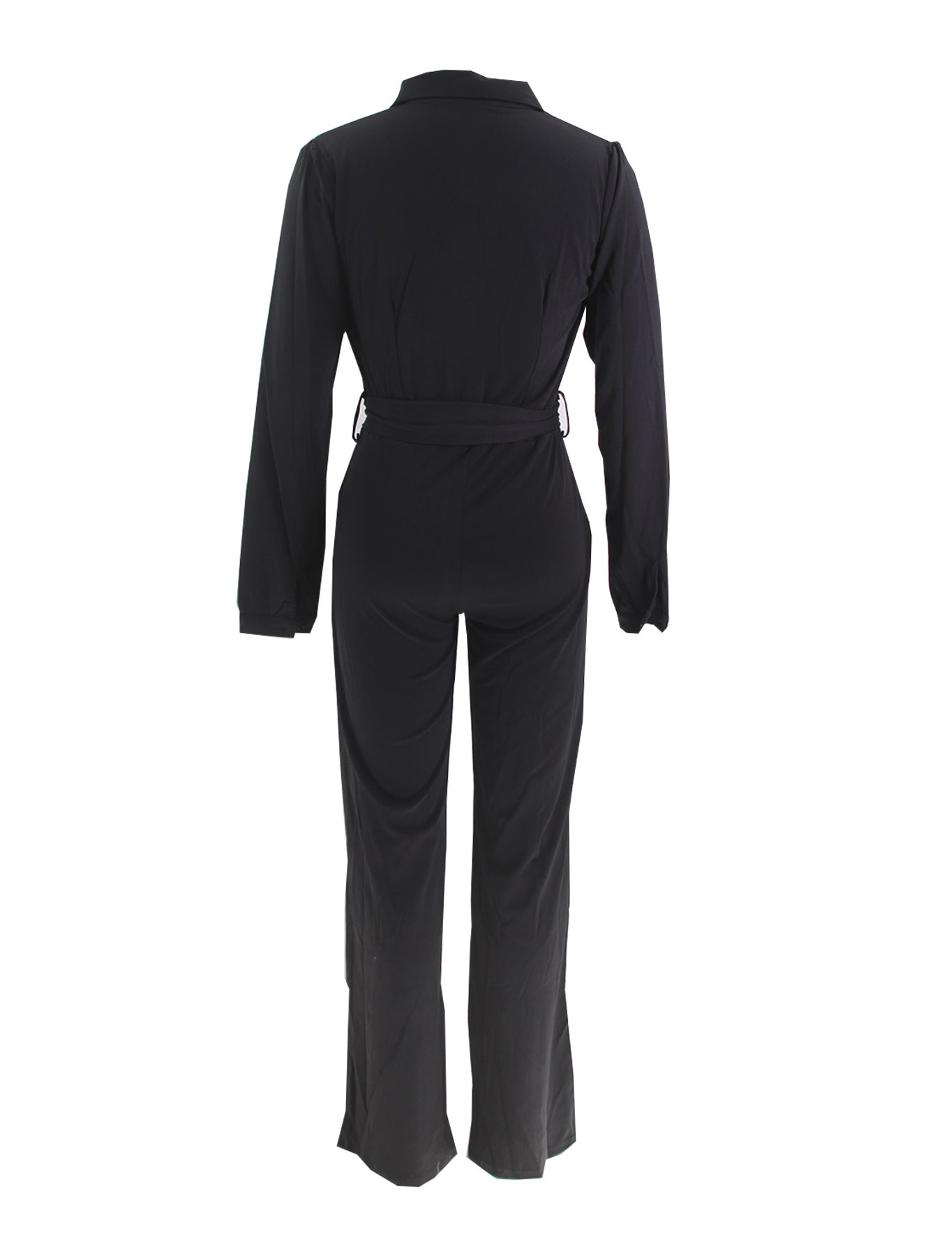 Women Solid Casual Shirt Collar Jumpsuit with Belt 5