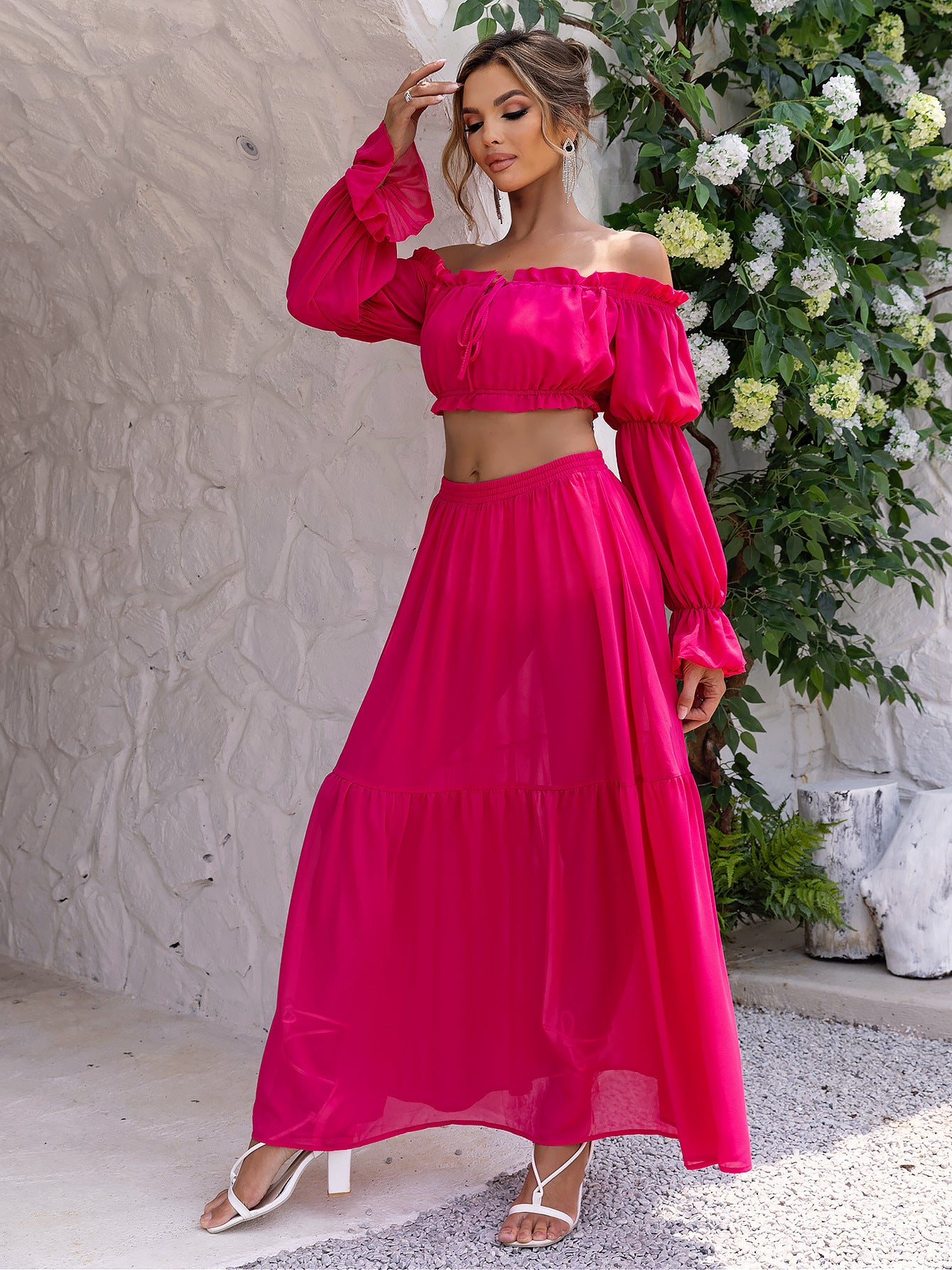Women Solid Sexy Long Sleeve Off Shoulder Top and Skirt Two Piece Set