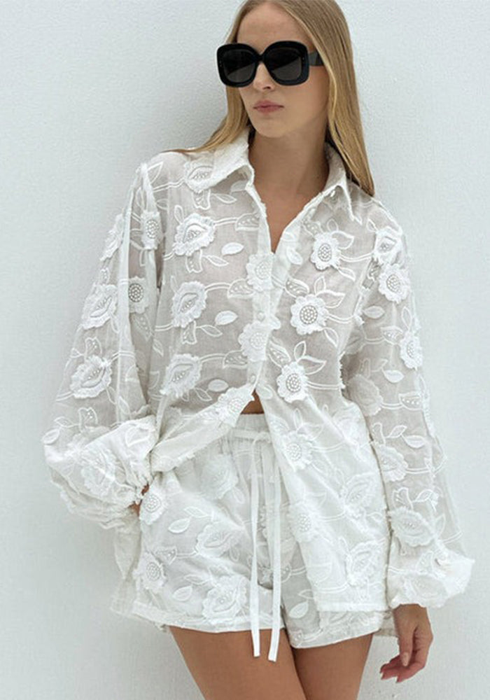 Women's Fashion Sexy White Lace Embroidery See-Through Shirt High Waist Shorts Two Piece Set