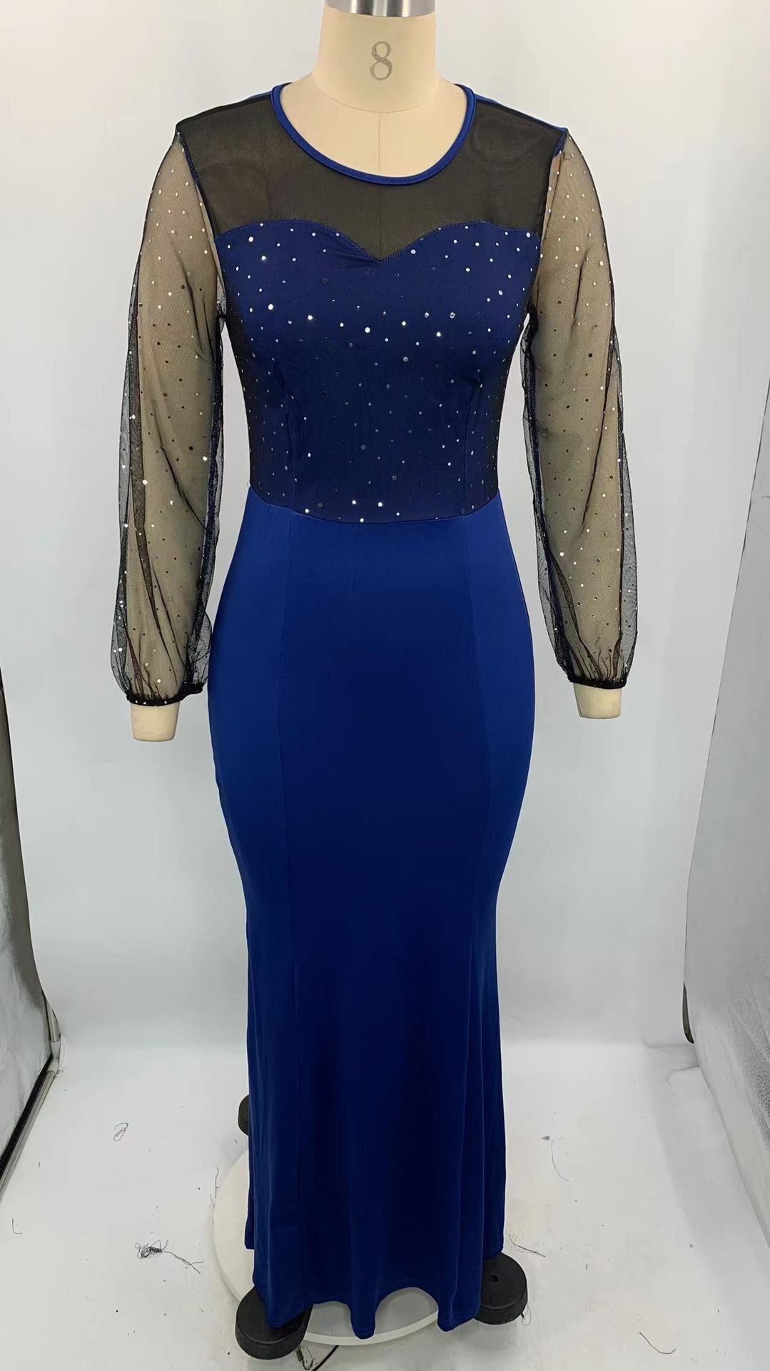 Mesh Patchwork Dress Women's Fashion Round Neck Long Sleeves Slim Elegant Dress Maxi Dress 16