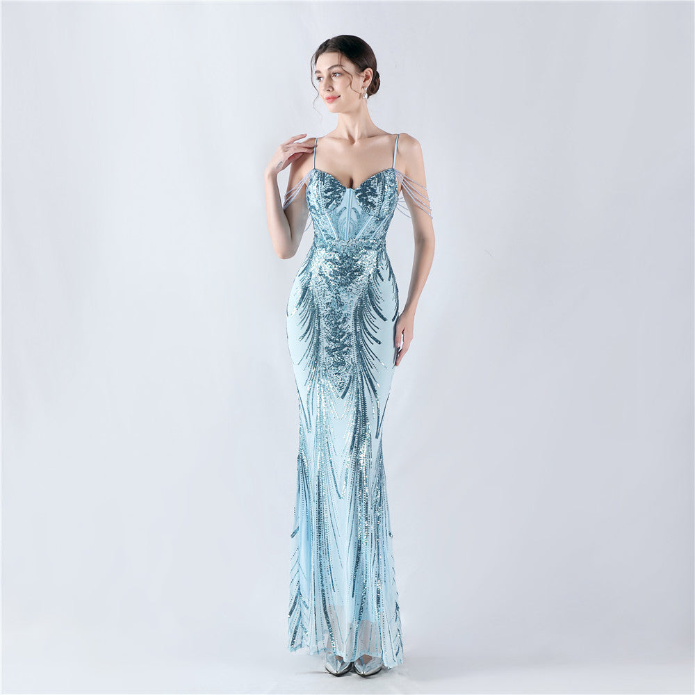 Fishbone Slim Waist Sexy Rhinestone Chain Strap Evening Dress 11