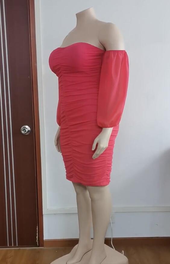 Plus Size Women Fall Mesh Pleated Long Sleeve Dress 15