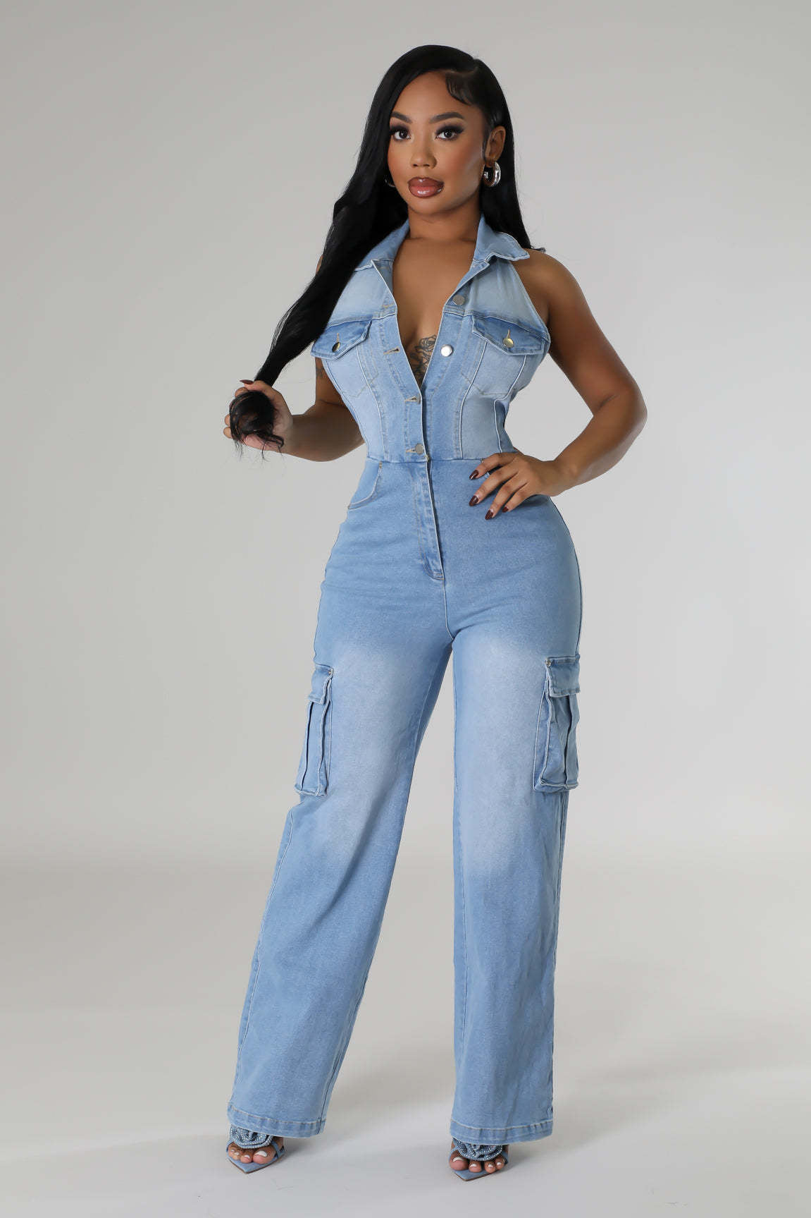 Halter Slim-Waisted Straight-Leg Loose Stretch-Denim Jumpsuit