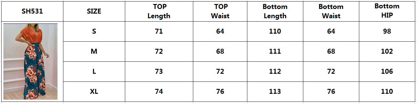 Women's Spring Summer Solid Bat Sleeves Top Print Wide Leg Pants Two-Piece Set 24