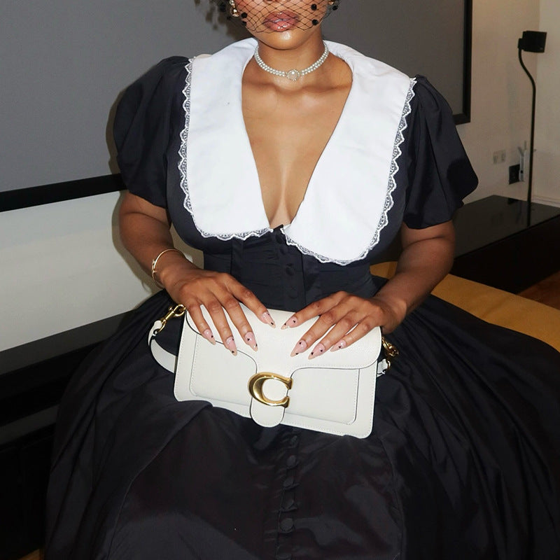 Women autumn and winter French puff sleeve Maxi dress 5