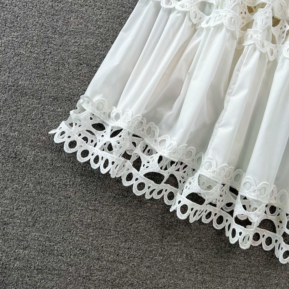 Spring Autumn Retro Chic Lantern Long Sleeve Lace Hollow Patchwork Round Neck Slim Waist Casual Dress 21