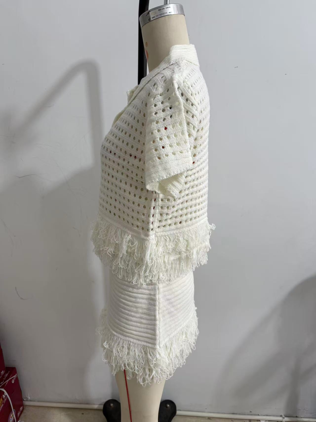 Women's Fringe Short-Sleeve Knit Jacket + High-Waisted Mini Skirt Set 16