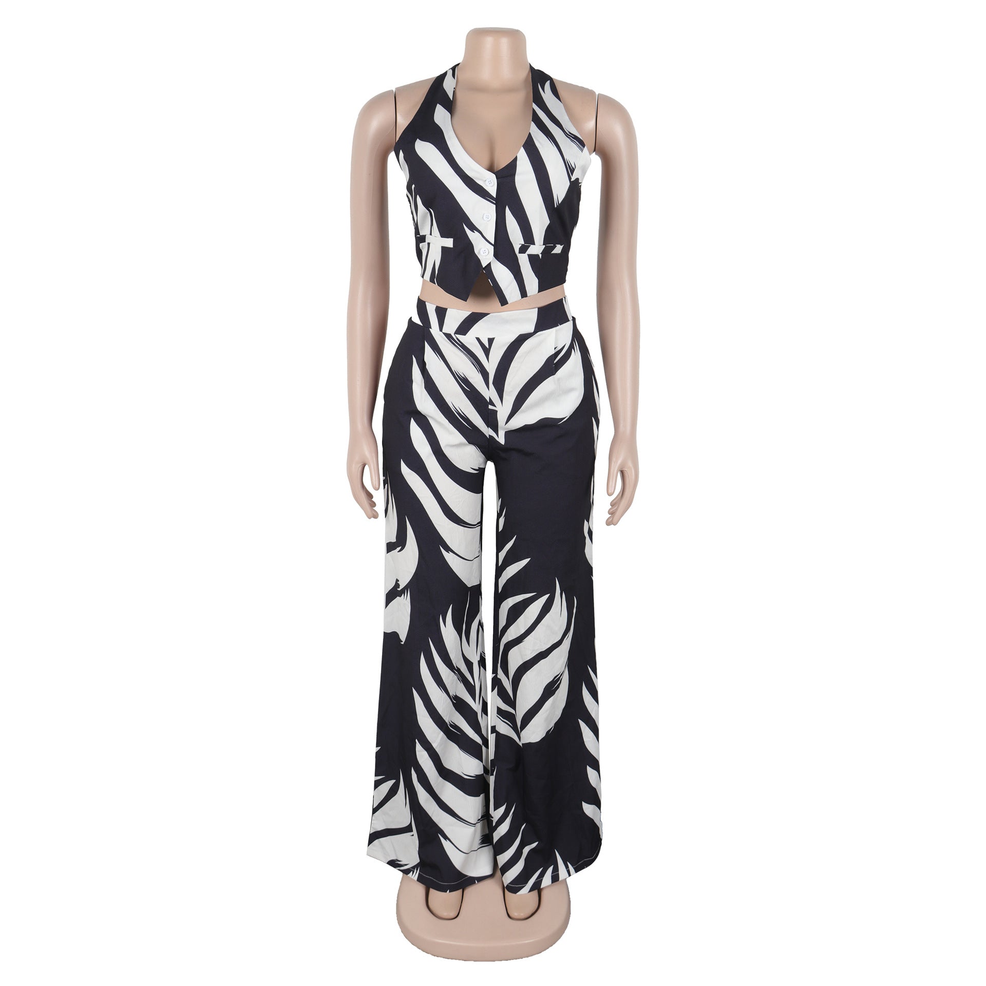 Women Printed Halter Neck Top and Wide-leg Pants Two-piece Set 15