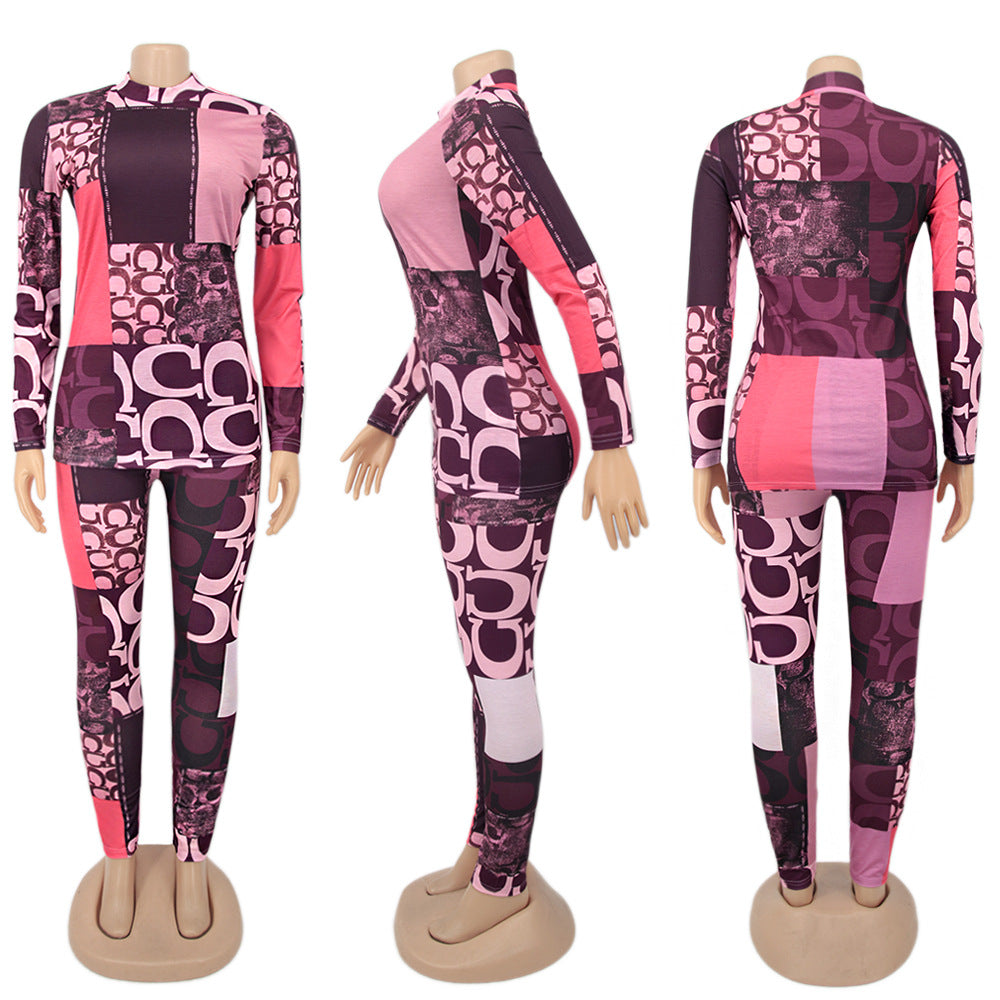 Printed Women's High Neck Long Sleeve Casual Two Piece Pants Set 4