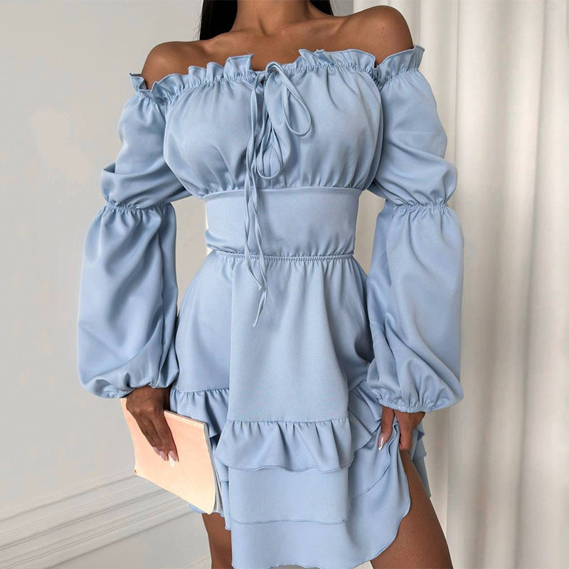 Solid Color Off Shoulder Puff Sleeve Sexy Summer Dress 5