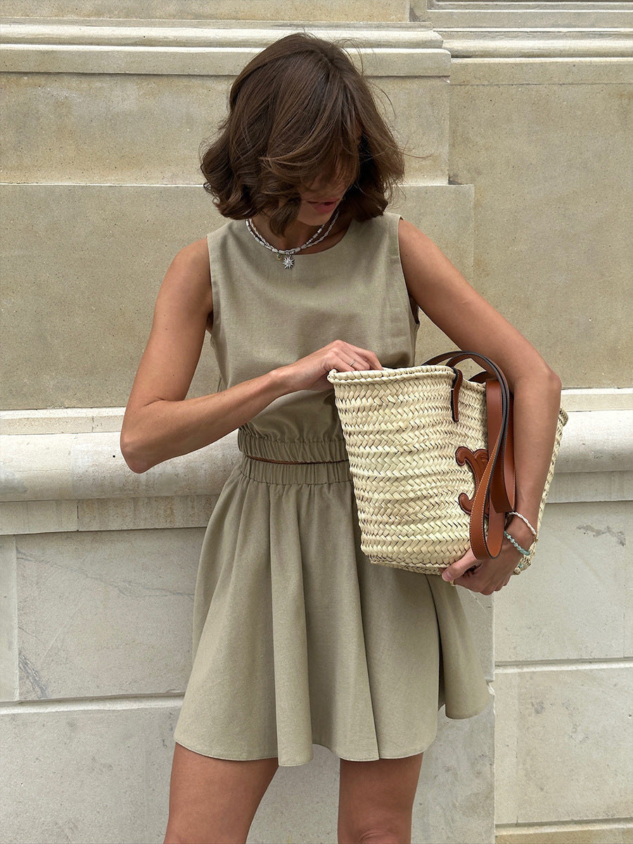 Round Neck Vest & Pleated Skirt Set Spring Summer Linen Comfortable Casual Short Skirt Set for Women