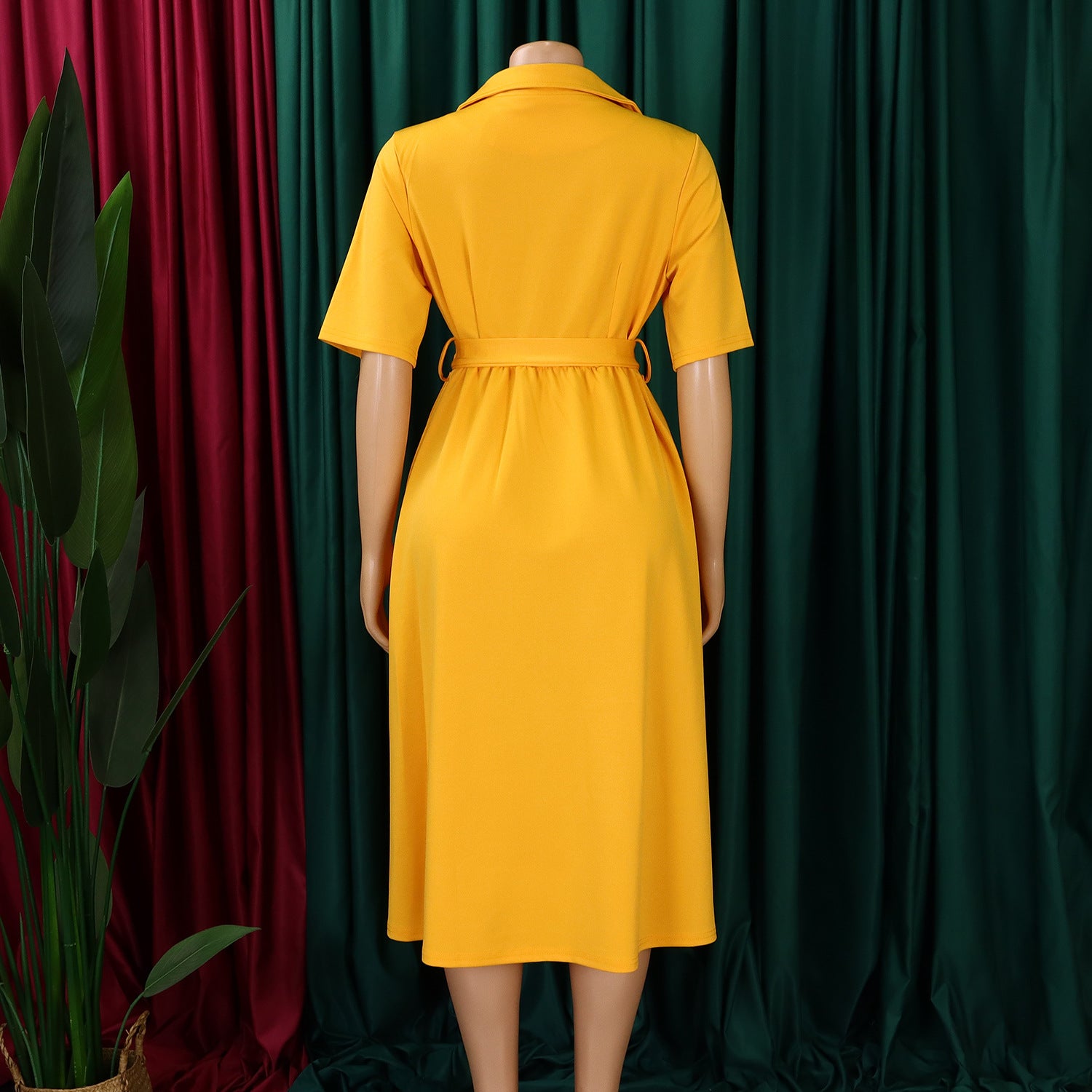 Plus Size Women Summer Short Sleeve Turndown Collar Lace-Up Solid African Dress 28