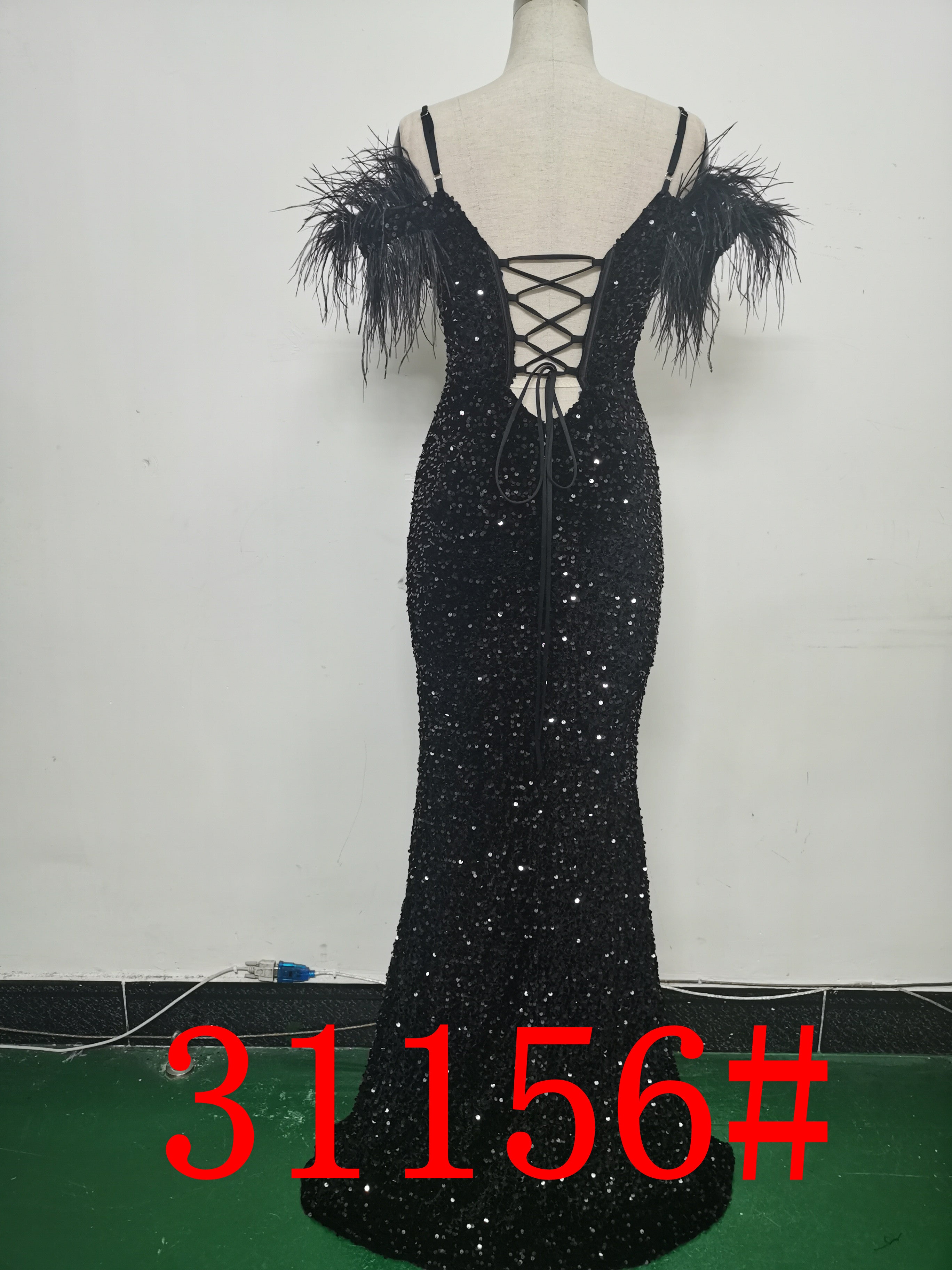 Women Herringbone ostrich velvet sequined mermaid evening dress 21