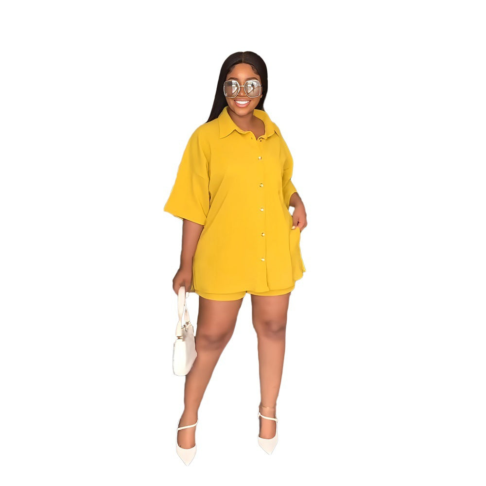 Solid Turndown Collar Long Shirt Casual Shorts Set Women's Two Piece 6