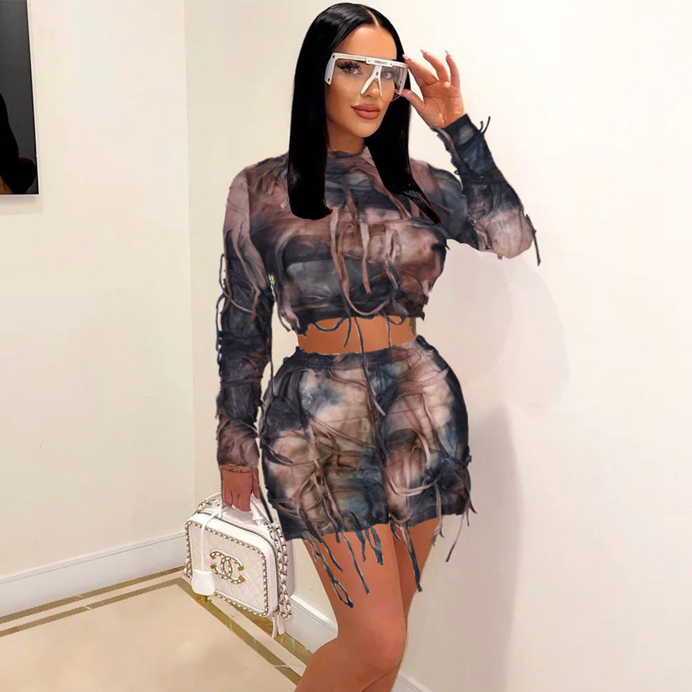 Autumn Crop Tie-Dyed Long Sleeve Slim Two Piece Skirt Set For Women