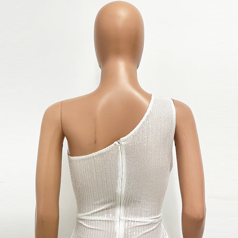 Women's One-Shoulder Lace-Up Sequined Evening Dress 45