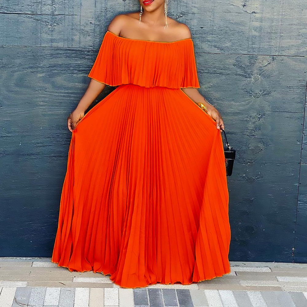 Women Summer Sexy Off Shoulder Pleated Maxi Dress 6