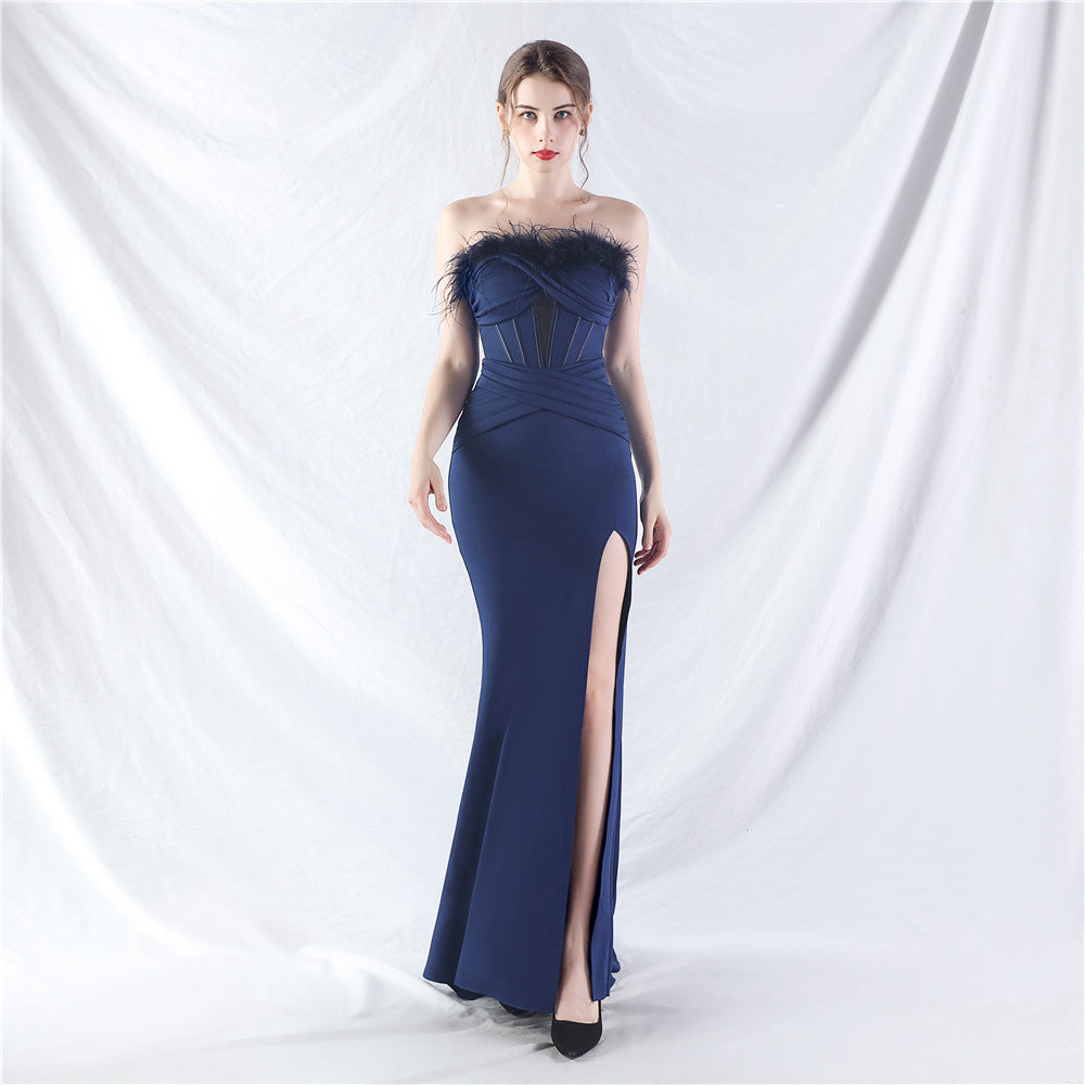 Feather Strapless Herringbone Slim Waist Solid Color Slit Evening Dress 5
