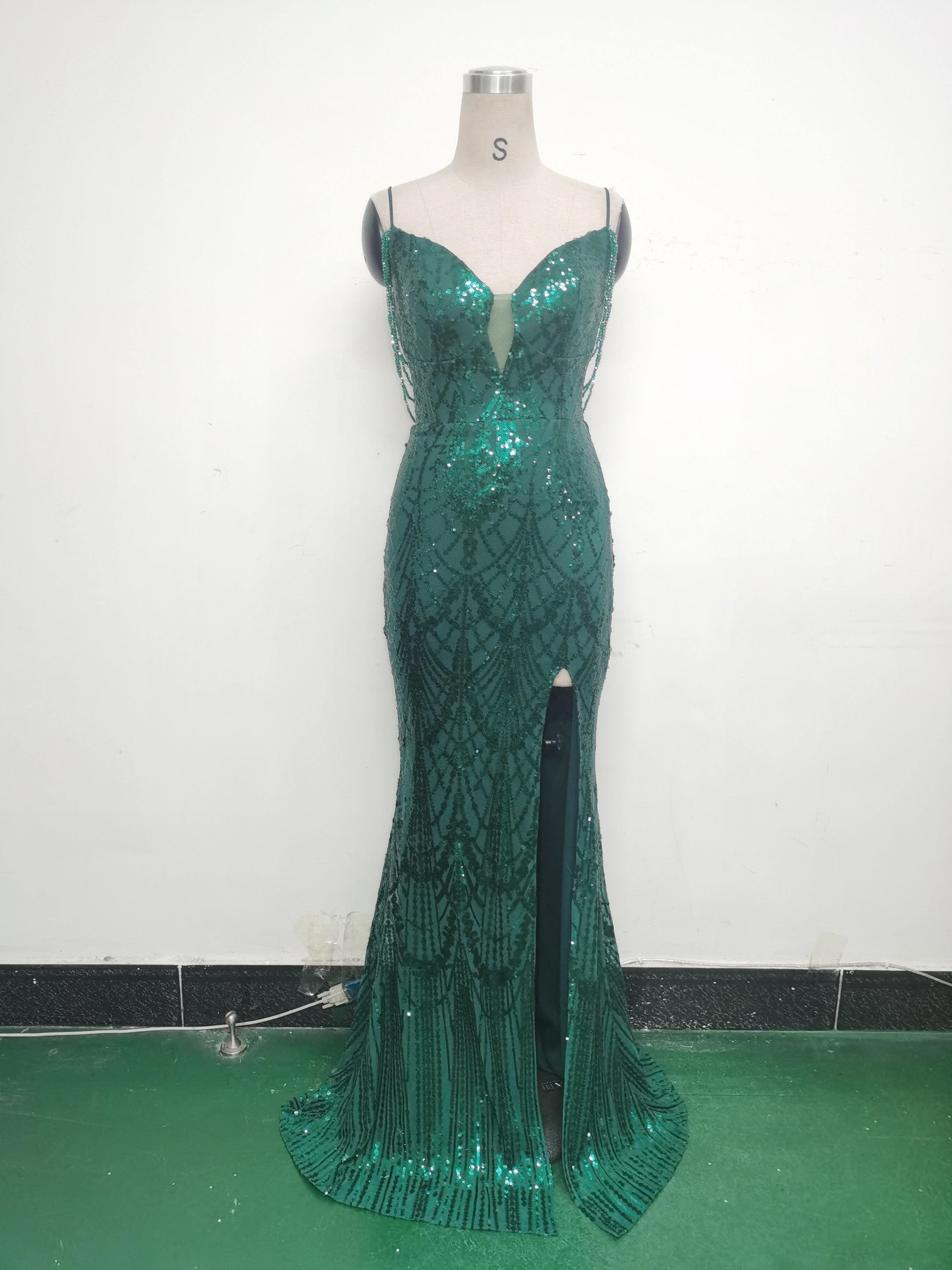 Women beaded sequin fishbone Lace-Up See-Through evening dress 30