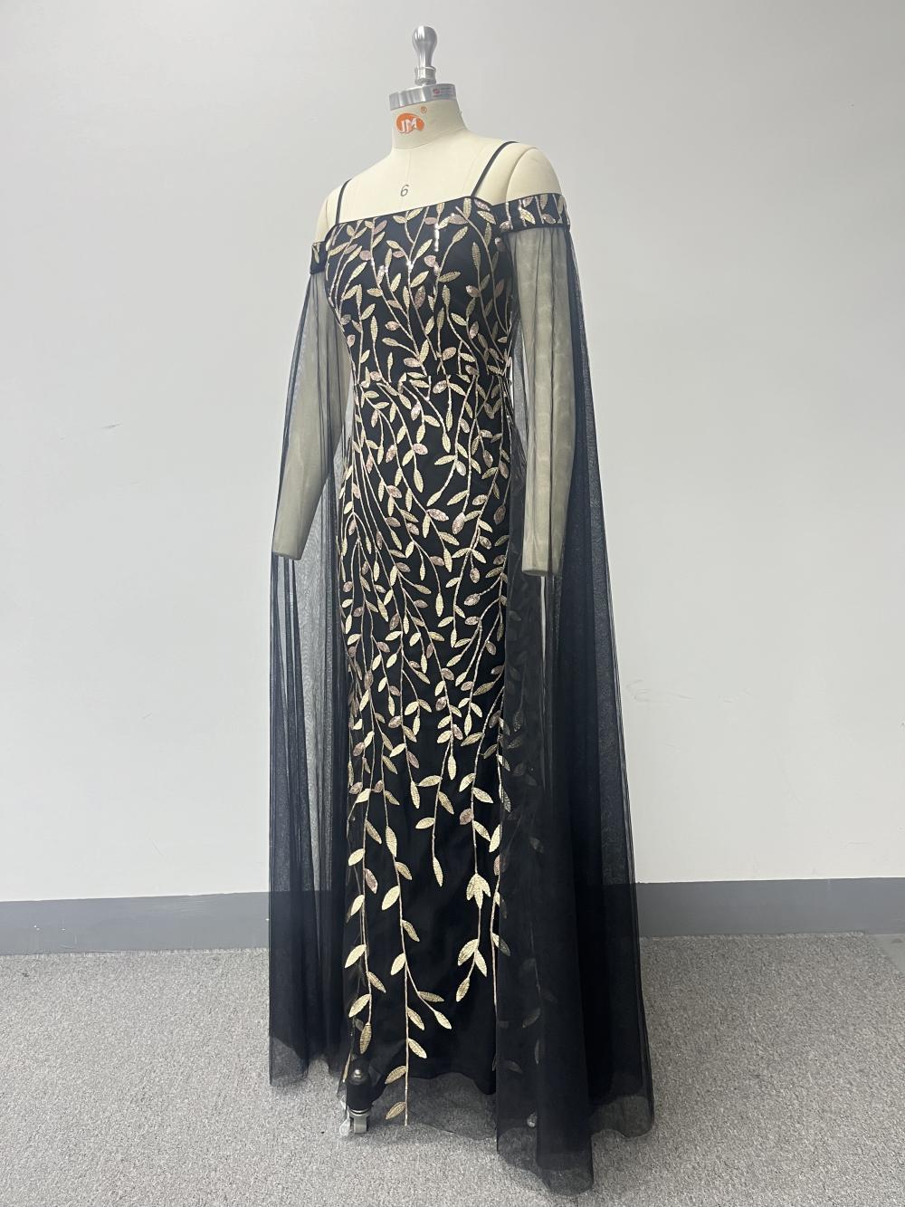 Women black elegant sequin embroidered off-shoulder suspenders formal evening gown 10