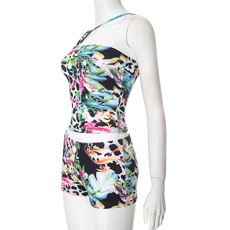 Spring & Summer Women's Irregular Ring Buckle Strappy Print Low Back Tight-Fitting Two Piece Shorts Set 10