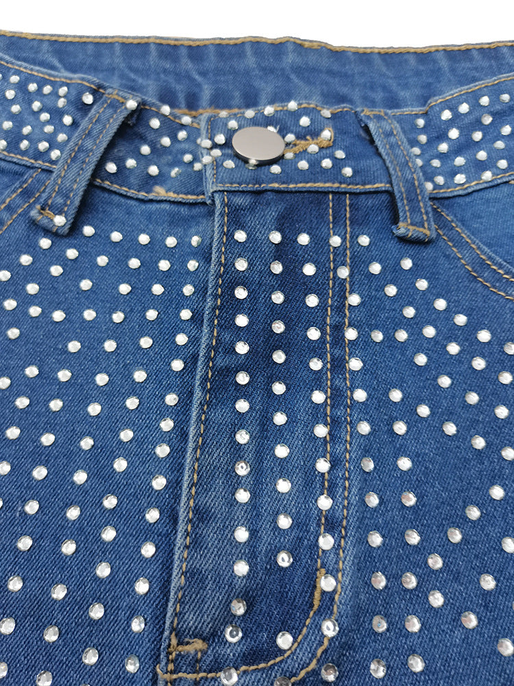 Women's Summer Beaded Ripped Washed Tight Fitting Sexy Stretch Denim Pants 25