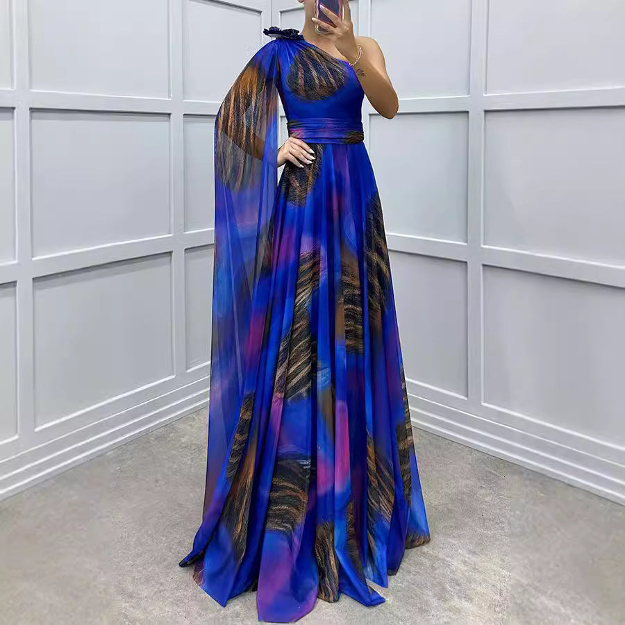 Women Casual Chiffon Print Slash Shoulder Dress 9