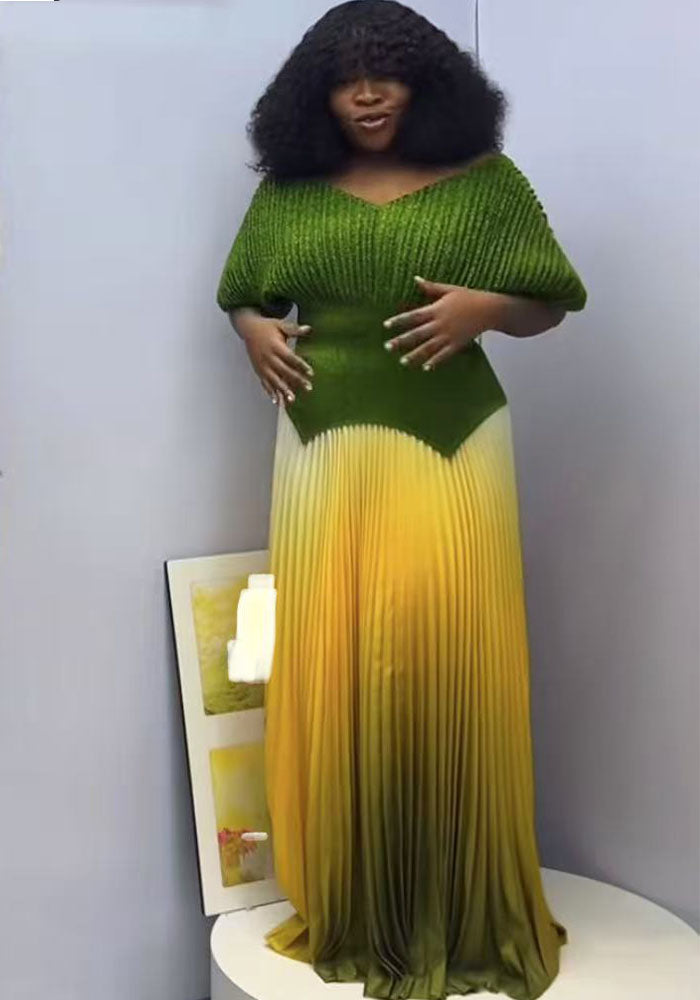 Pleated solid color v-neck top gradient pleated long skirt two-piece set for women