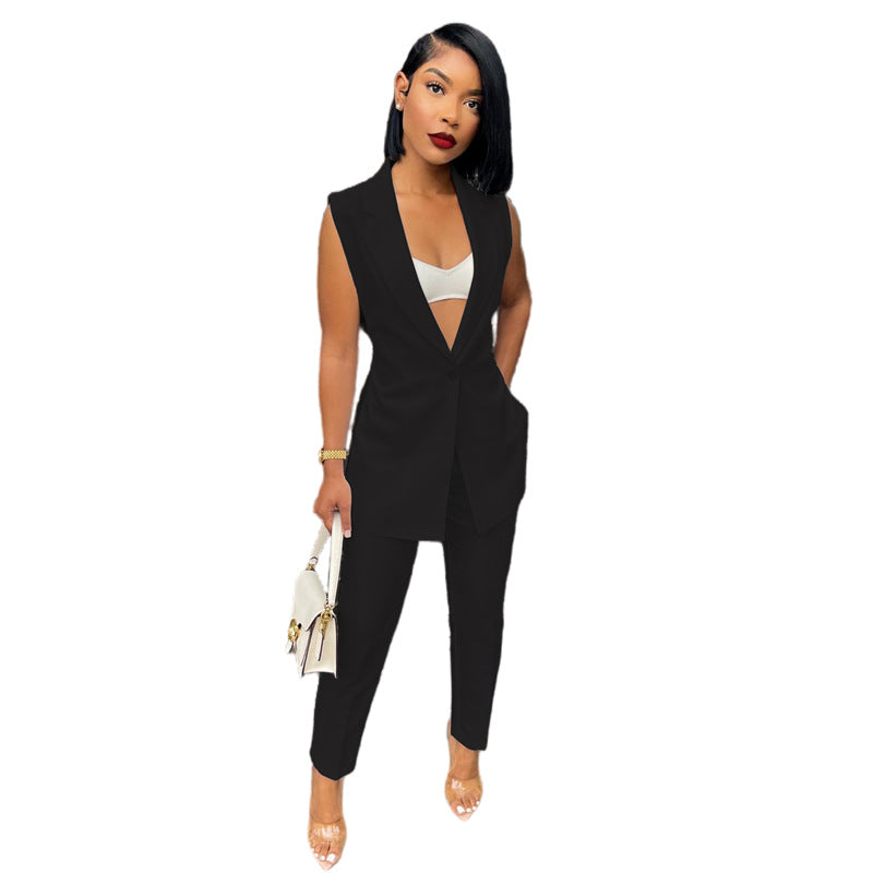 Women Casual Sleeveless Blazer and Pants Two Piece Set 13